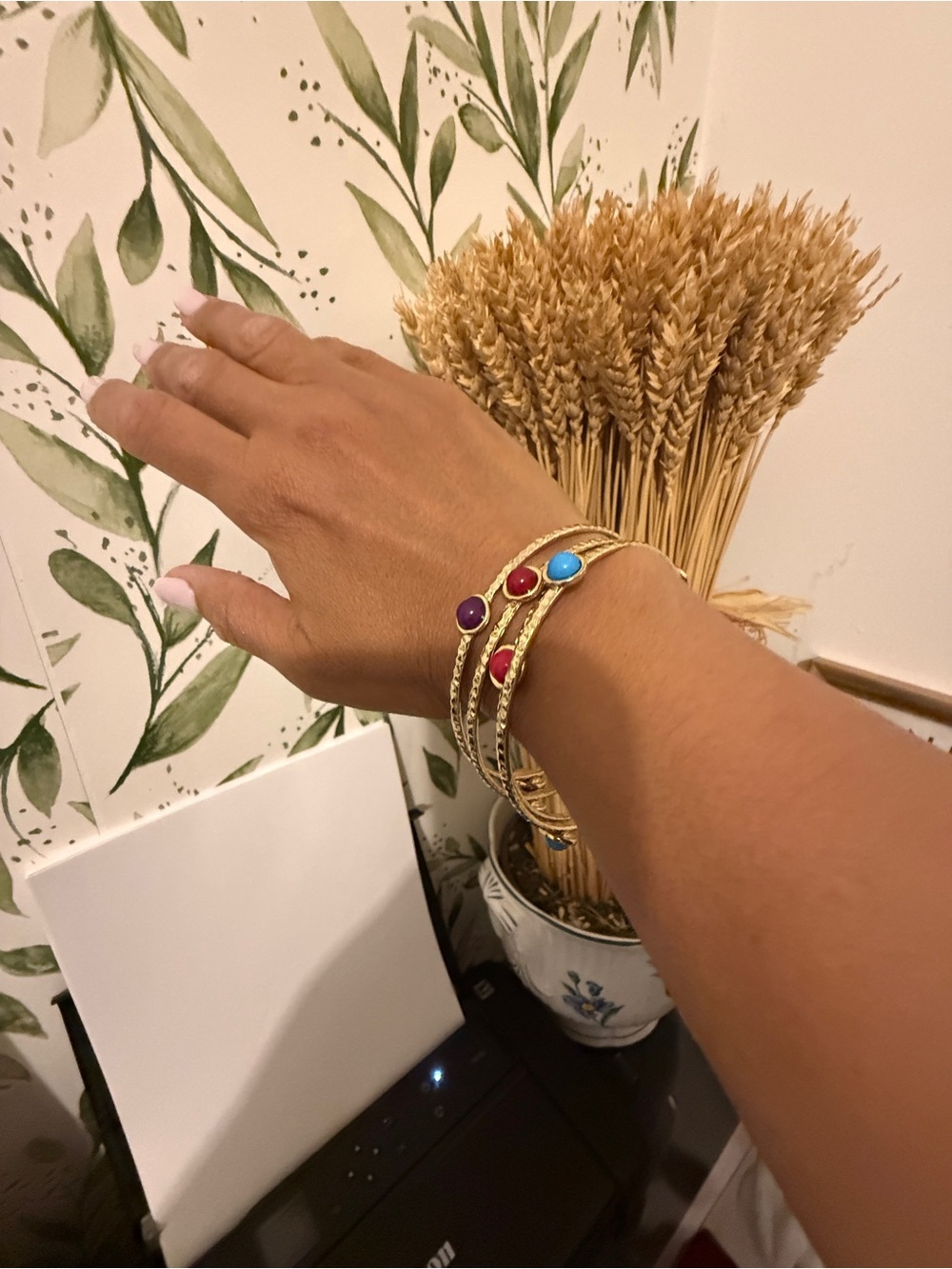 Gold Multi-Color Stone Stackable Bangle Bracelet - Women Jewelry